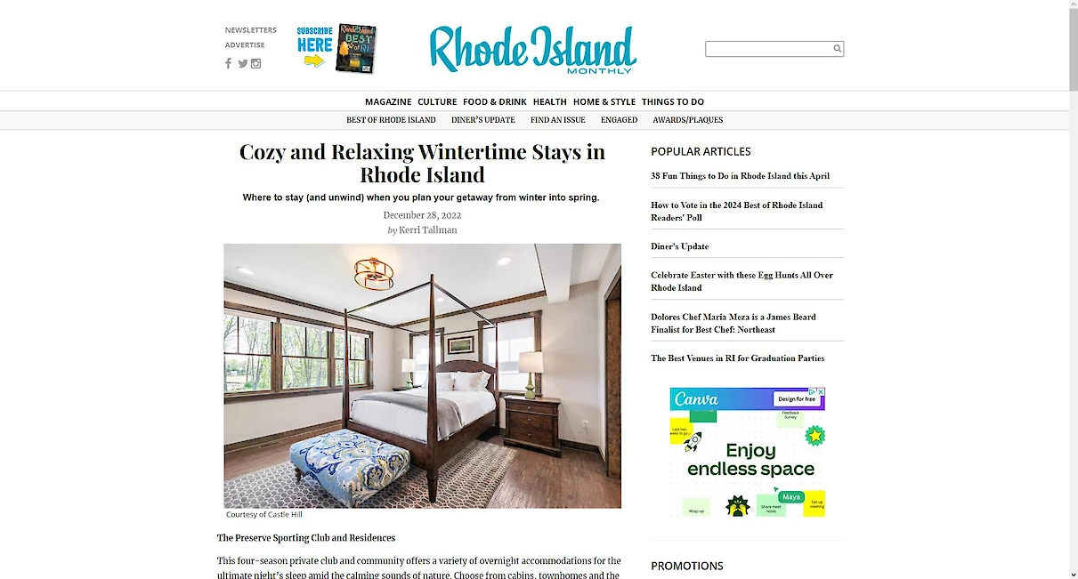 Rhode Island Monthly showcases The Preserve Resort's winter charm.