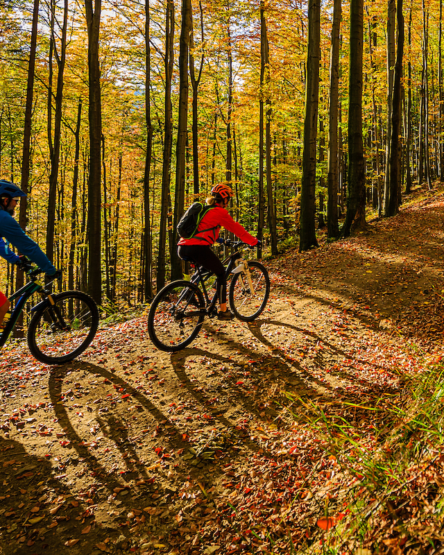 Cyclists enjoy a vibrant autumn mountain bike trail at Preserve Resort & Spa.