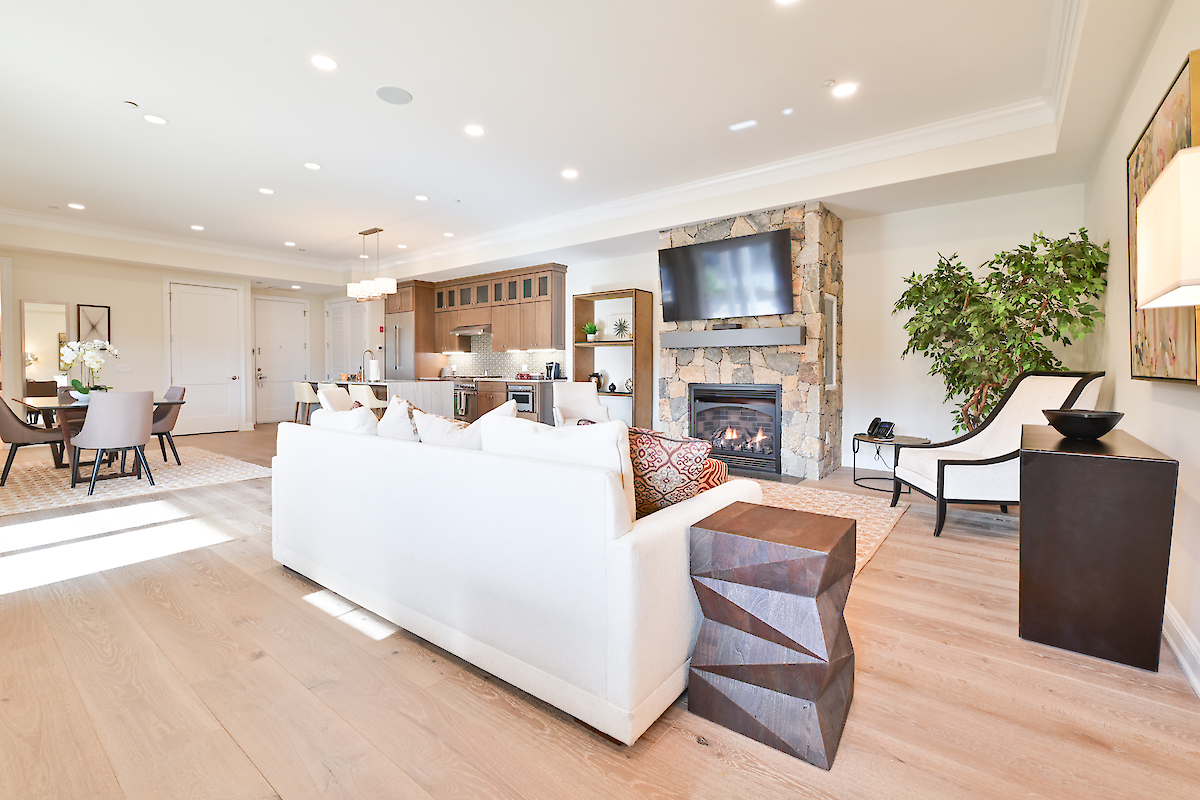 A spacious, modern living room with a white sofa, a stone fireplace, a large TV, and adjacent dining and kitchen areas, decorated with plants.