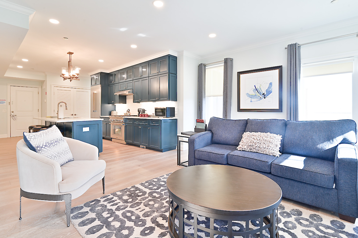 A modern living room with blue and white furniture, a matching kitchen, and a decorative rug, ending the sentence.
