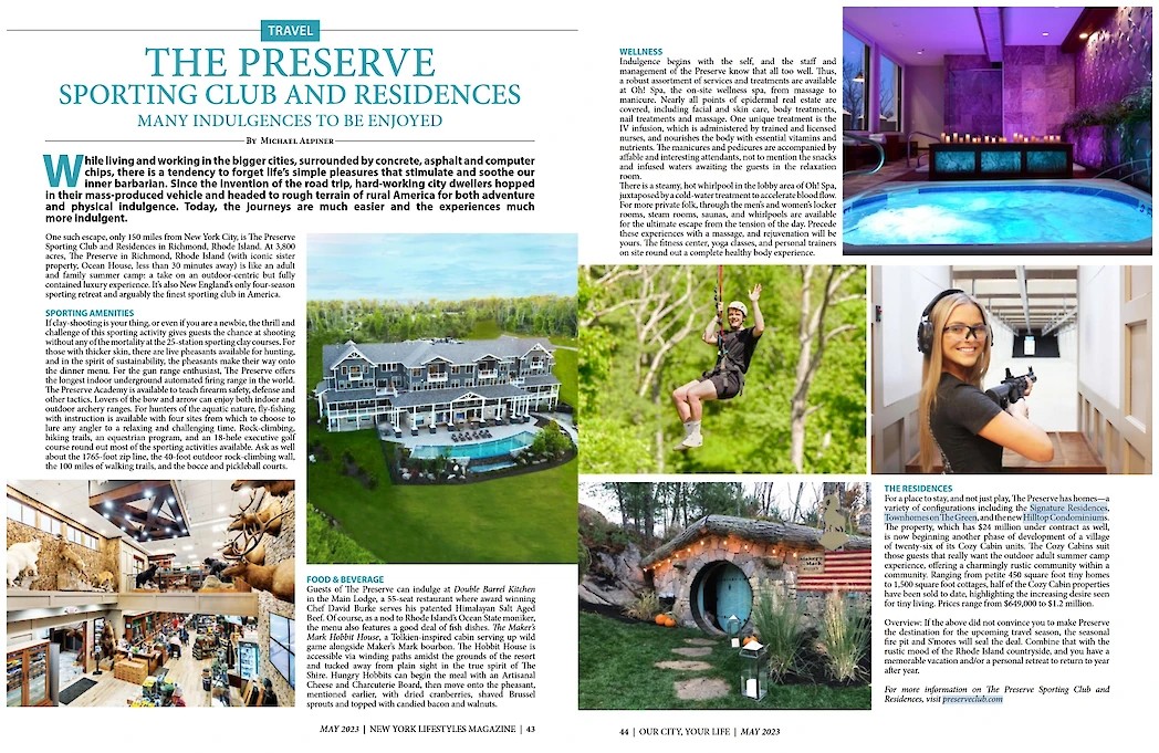 The image is a magazine spread featuring "The Preserve Sporting Club and Residences" with text about amenities and multiple lifestyle images showcasing the place.