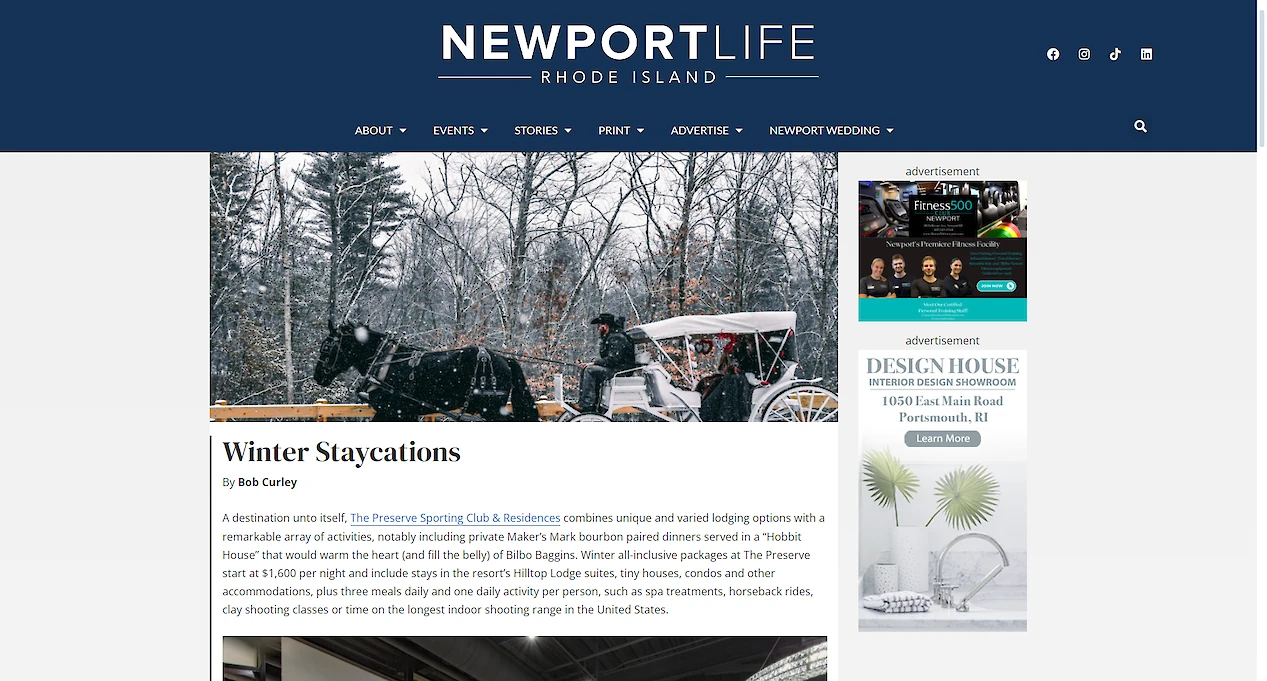 Newportlife Magazine's 'Winter Staycations' article showcases The Preserve Resort & Spa's unique winter experiences and luxurious amenities.