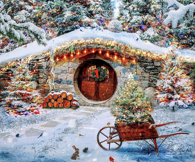 A snow-covered hobbit-style home decorated with festive lights, a wheelbarrow, a Christmas tree, and a pile of logs in a forest setting.