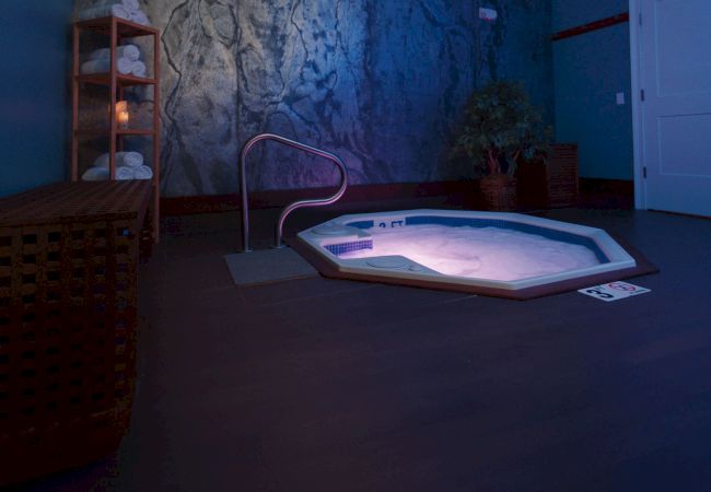 The image shows a dimly lit room with a small indoor hot tub, wooden shelving with towels, and a potted plant against a textured wall.