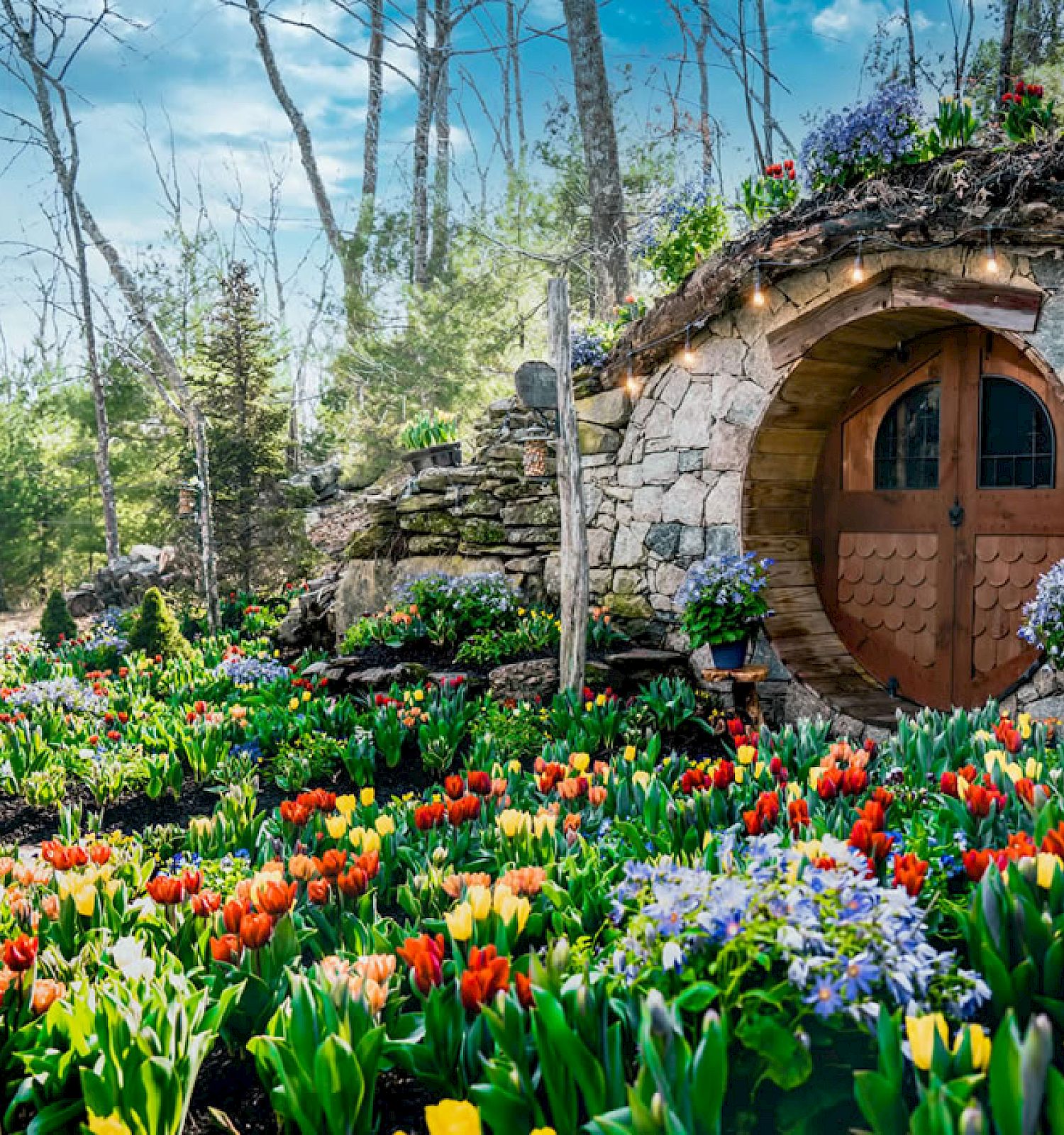 The image shows a quaint door set into a stone wall, resembling a hobbit house, surrounded by a vibrant garden of blooming flowers.