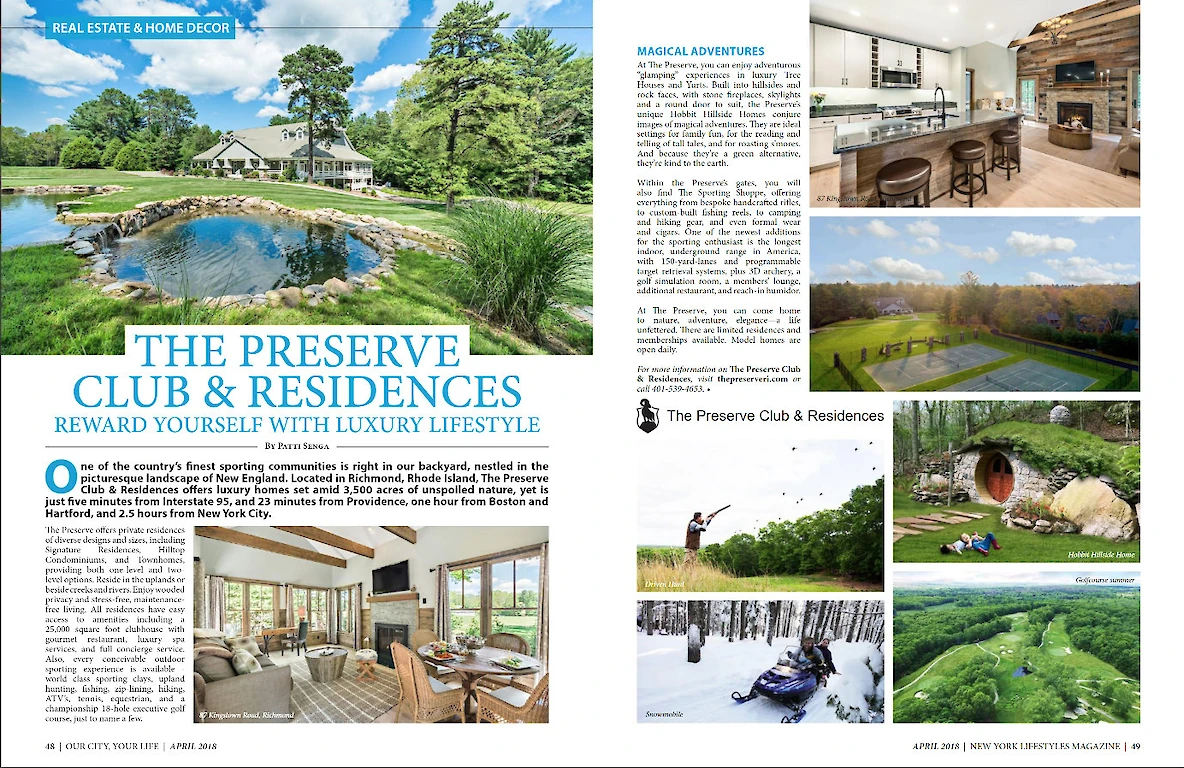 A magazine article features The Preserve Club & Residences, highlighting luxury amenities, scenic views, and various activities for an upscale lifestyle.