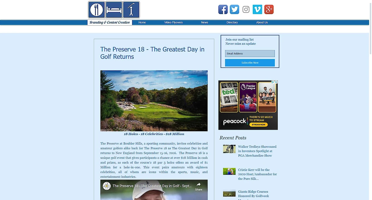 This image shows a webpage about "The Preserve 18 - The Greatest Day in Golf Returns" with a golf course picture and some text and links.