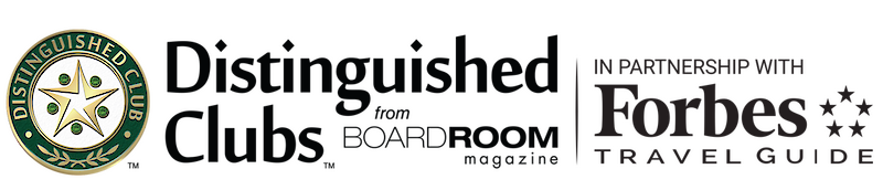 Logo for Distinguished Clubs, in partnership with Forbes Travel Guide, featuring text and an emblem with a star and laurel.