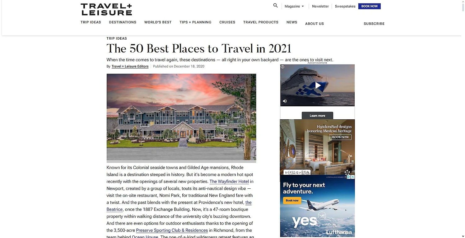 Travel+Leisure article featuring The Preserve Resort & Spa