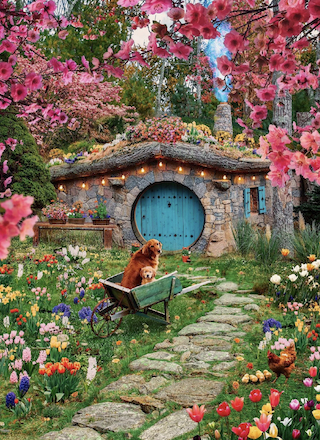 A whimsical hut with a blue door, surrounded by vibrant flowers and trees, with a dog and bear in a wheelbarrow on the stone path.