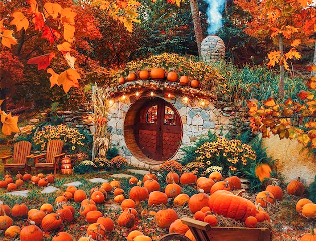 A whimsical, autumnal scene with a round door, pumpkins scattered about, and smoke rising from a chimney, surrounded by colorful leaves.