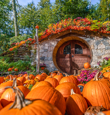 A stone building with a round wooden door is surrounded by pumpkins and flowers in a lush garden.