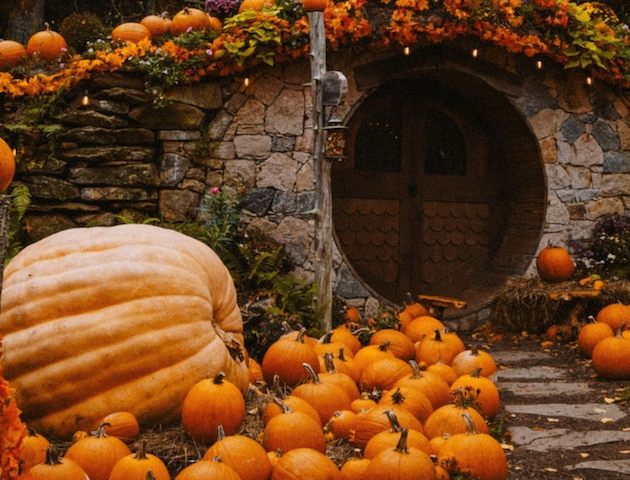 A stone house with a round door is surrounded by numerous pumpkins, autumn leaves, and flowers, creating a festive autumnal display.