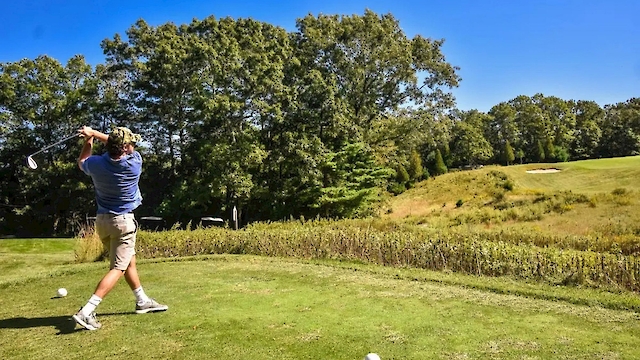 A person is teeing off on a golf course, surrounded by green grass and trees under a clear blue sky.