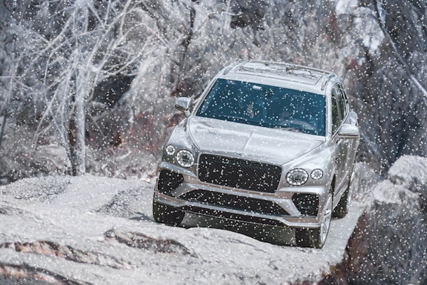 A silver SUV drives through a snowy forest, surrounded by snowflakes and frosty trees, on a rugged, snow-covered path.