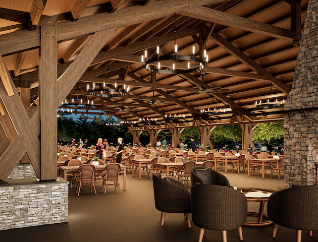 The image shows an outdoor pavilion with wooden beams, a stone fireplace, and seating, set for a gathering or event.