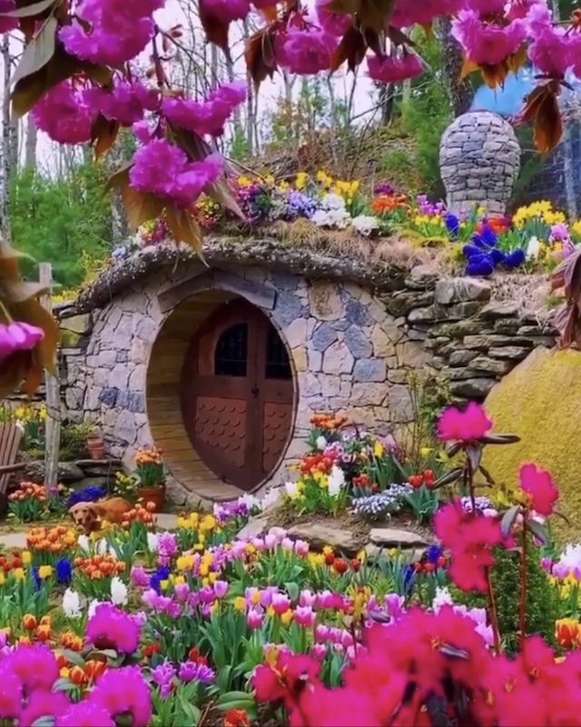 A hobbit-like house with a round door is surrounded by vibrant flowers and lush greenery under a pink blossom canopy.