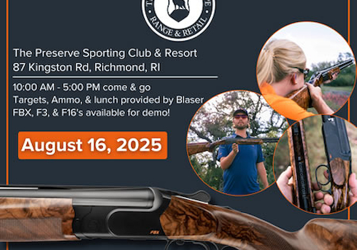 Blaser FBX Demo Day event at The Preserve, Richmond, RI, on August 16, 2025. Featuring shooting activities and lunch.