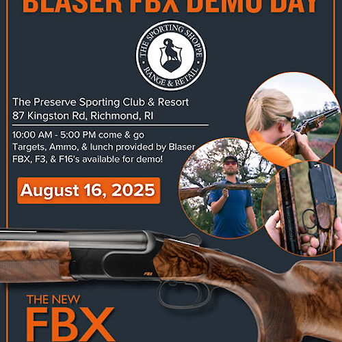 Blaser FBX Demo Day event at The Preserve, Richmond, RI, on August 16, 2025. Featuring shooting activities and lunch.