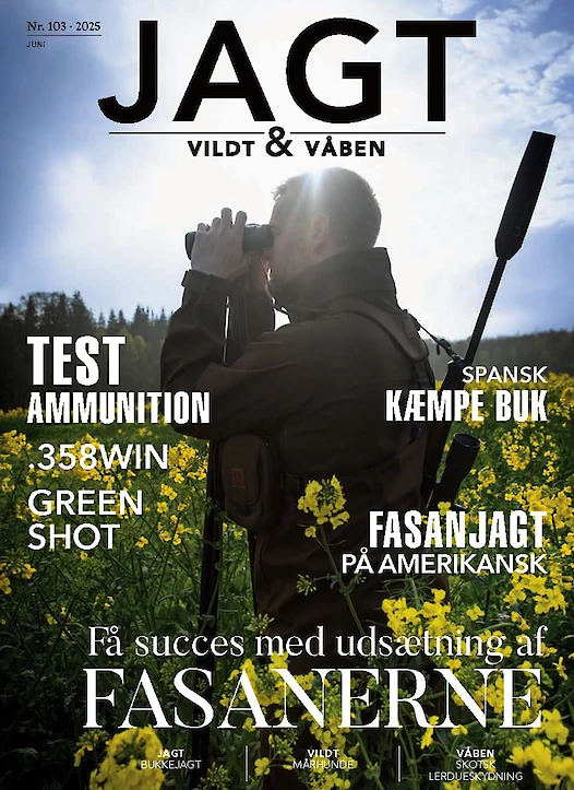 The image shows a hunting magazine cover featuring a person with binoculars in a field, surrounded by text about hunting and ammunition.