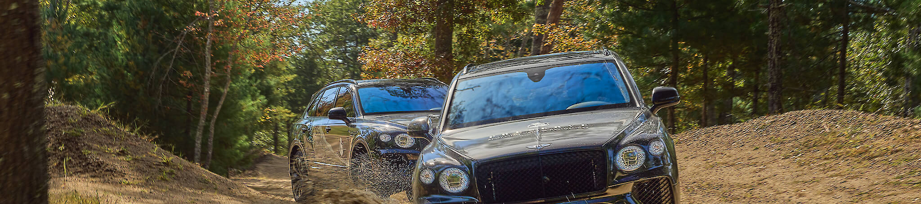 Two SUVs are driving on a muddy, wooded trail, splashing through a puddle surrounded by trees and greenery.