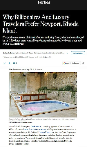 An article in Forbes about why billionaires and luxury travelers prefer Newport, Rhode Island, with an image of a luxury pool.