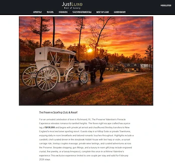 A horse-drawn carriage on a path at sunset, with text about The Preserve Sporting Club & Resort's Valentine's specials.