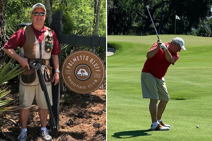 One image shows a person with a gun at a shooting club; the other shows them playing golf on a course.