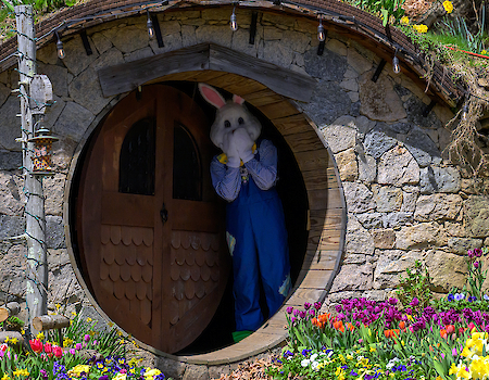 A person in a bunny costume stands in a round doorway of a hobbit-like house surrounded by colorful flowers and greenery.