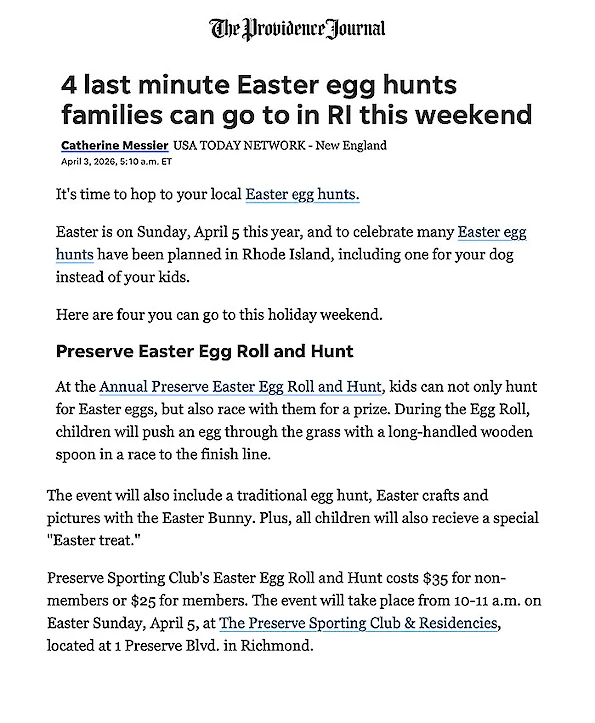The image is an article about last-minute Easter egg hunts in Rhode Island, detailing events and locations for families this weekend.