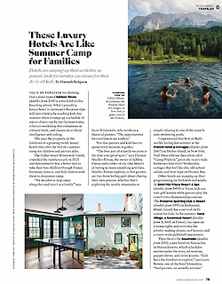 An article discusses luxury hotels resembling summer camps for families, featuring images of nature and cozy interiors.