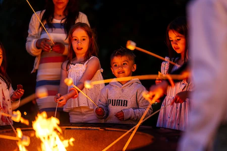 Children roasting marshmallows over a fire pit, supervised by adults. The scene is warm and cozy, with a nighttime outdoor setting.