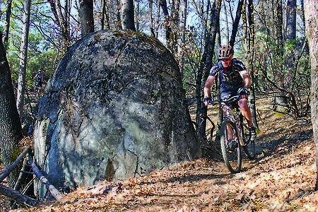 A mountain biker wearing a helmet rides through a wooded trail, passing a large boulder.