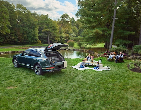 A family is having a picnic on a grassy area near a pond, with an SUV parked nearby.