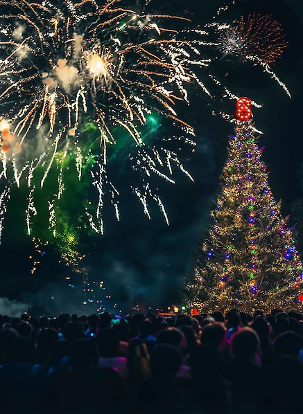 A crowd watches a festive scene with a large, illuminated Christmas tree and colorful fireworks lighting up the night sky.