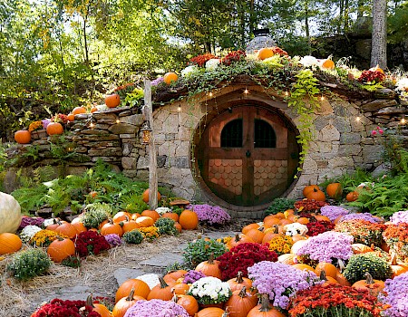 A hobbit-style house with a round wooden door, surrounded by pumpkins and colorful flowers in a garden setting.